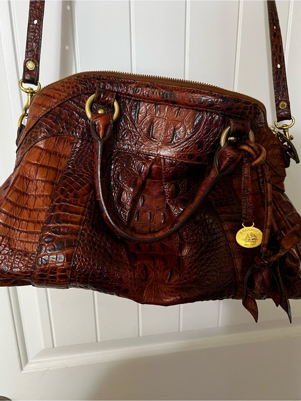 Dooney & Bourke Brown Croc-Embossed Leather Satchel with Gold Hardware